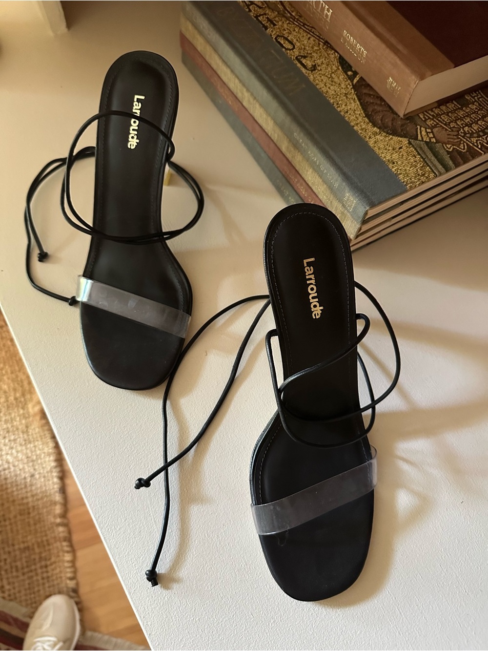 NWOT - Larroude Black Heeled Sandals with Clear Strap and Lucite Heel - Picture 2 of 4